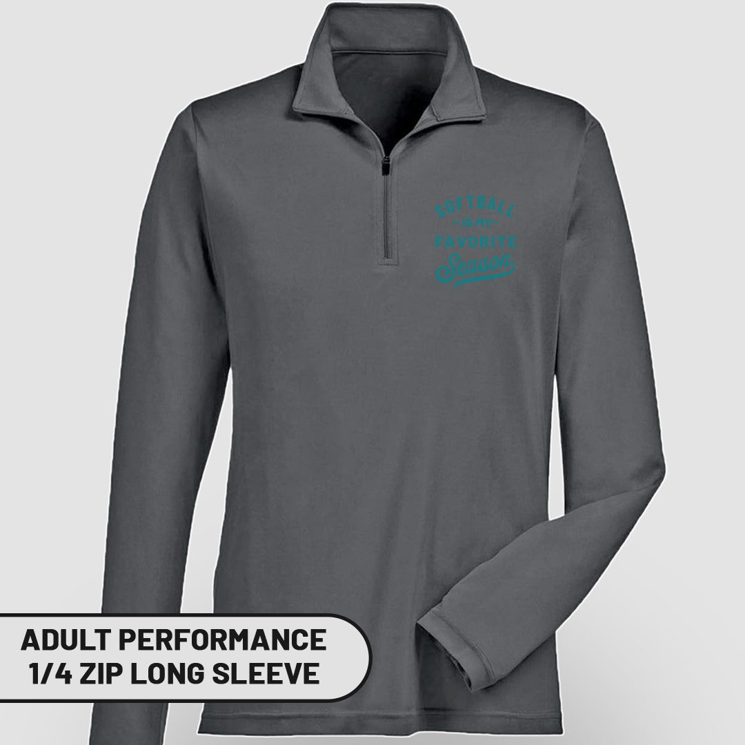 Charcoal quarter-zip long-sleeve shirt with "Softball is my favorite season" text.