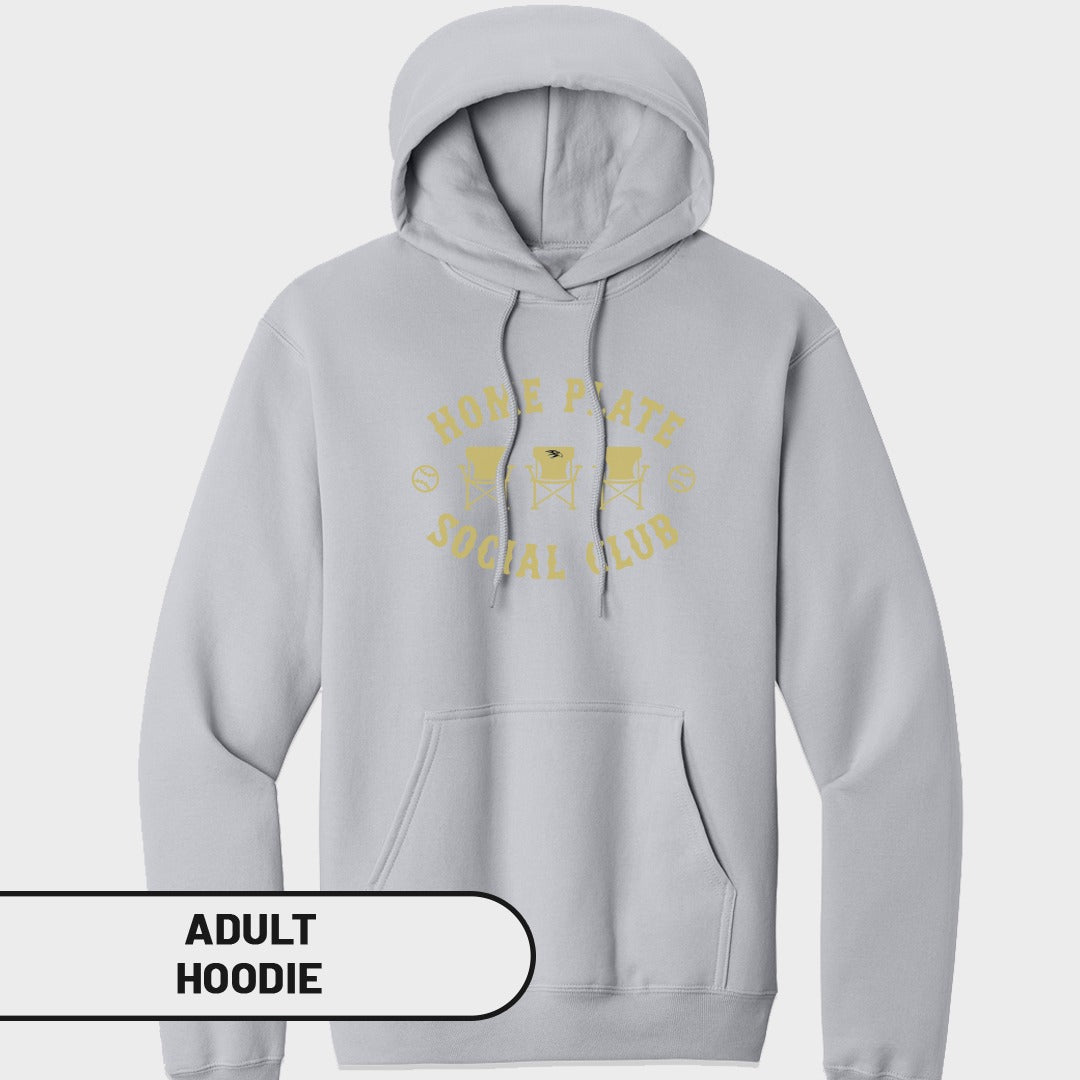 Grey adult hoodie with "Home Plate Social Club" graphic featuring chairs and baseballs.