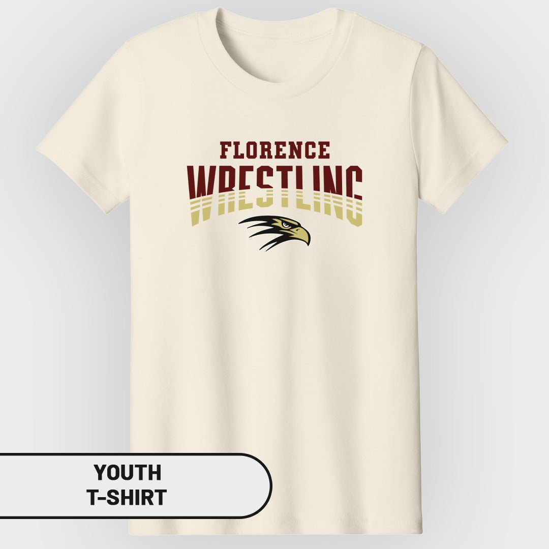 Youth t-shirt with "Florence Wrestling" text and eagle logo.