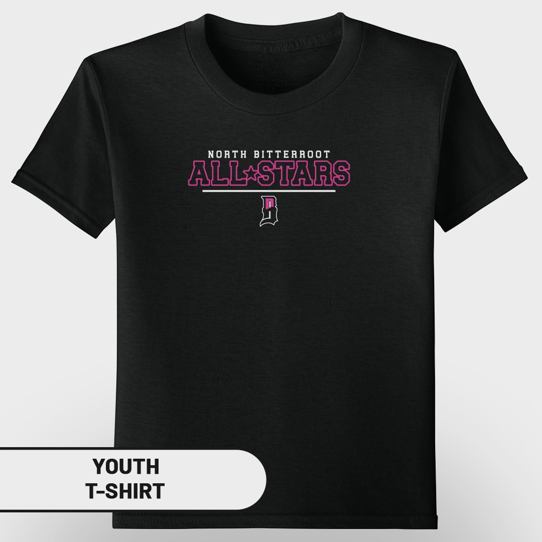 Black youth t-shirt with "North Bitterroot All-Stars" and a stylized "B" logo.