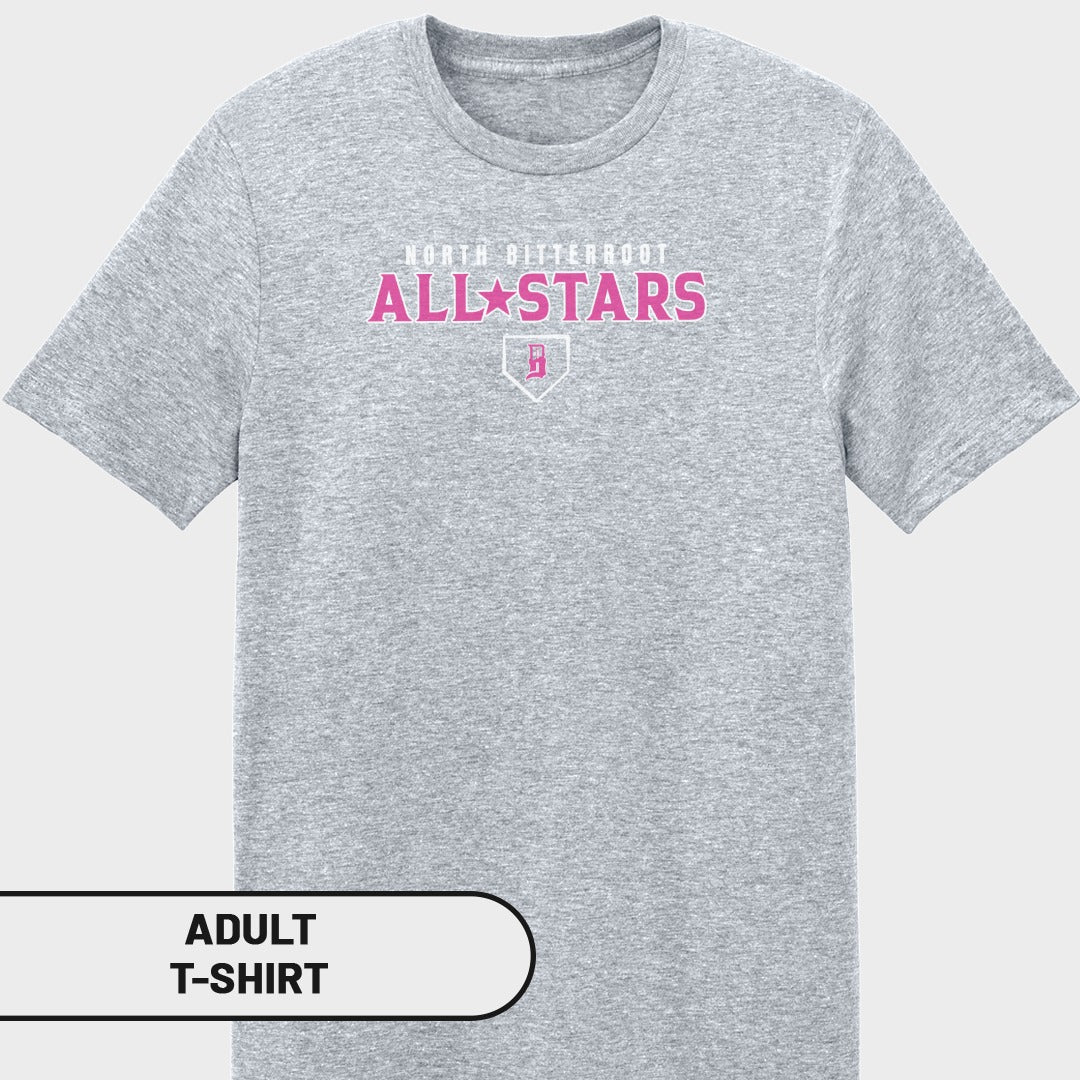 Gray adult t-shirt with "North Bitteroot All Stars" in pink text.