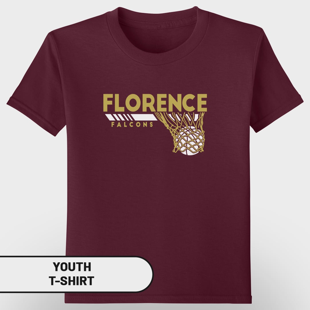 Maroon youth t-shirt with "FLORENCE FALCONS" and a basketball in a net.