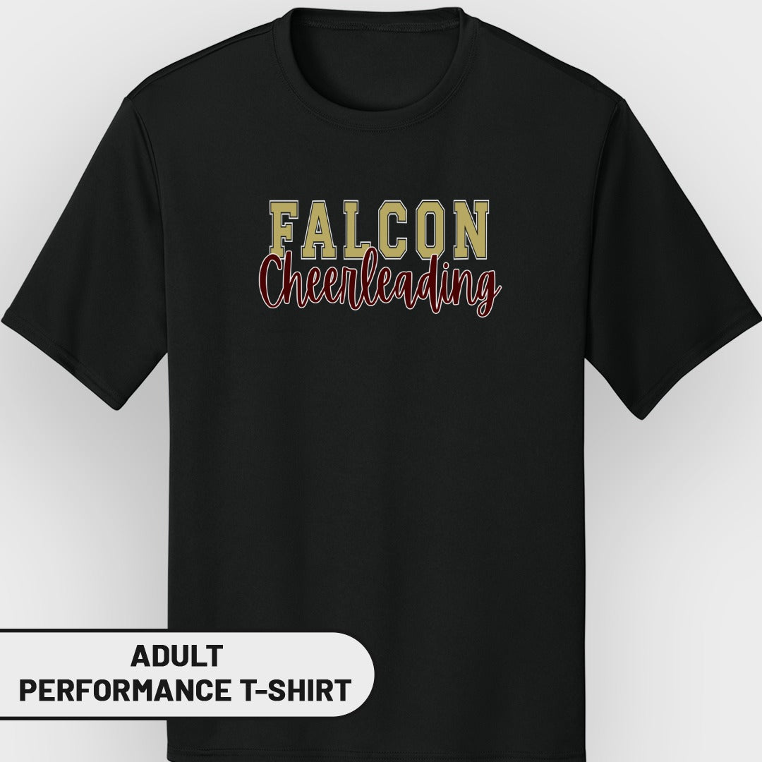 Black adult performance t-shirt with "FALCON Cheerleading" graphic.