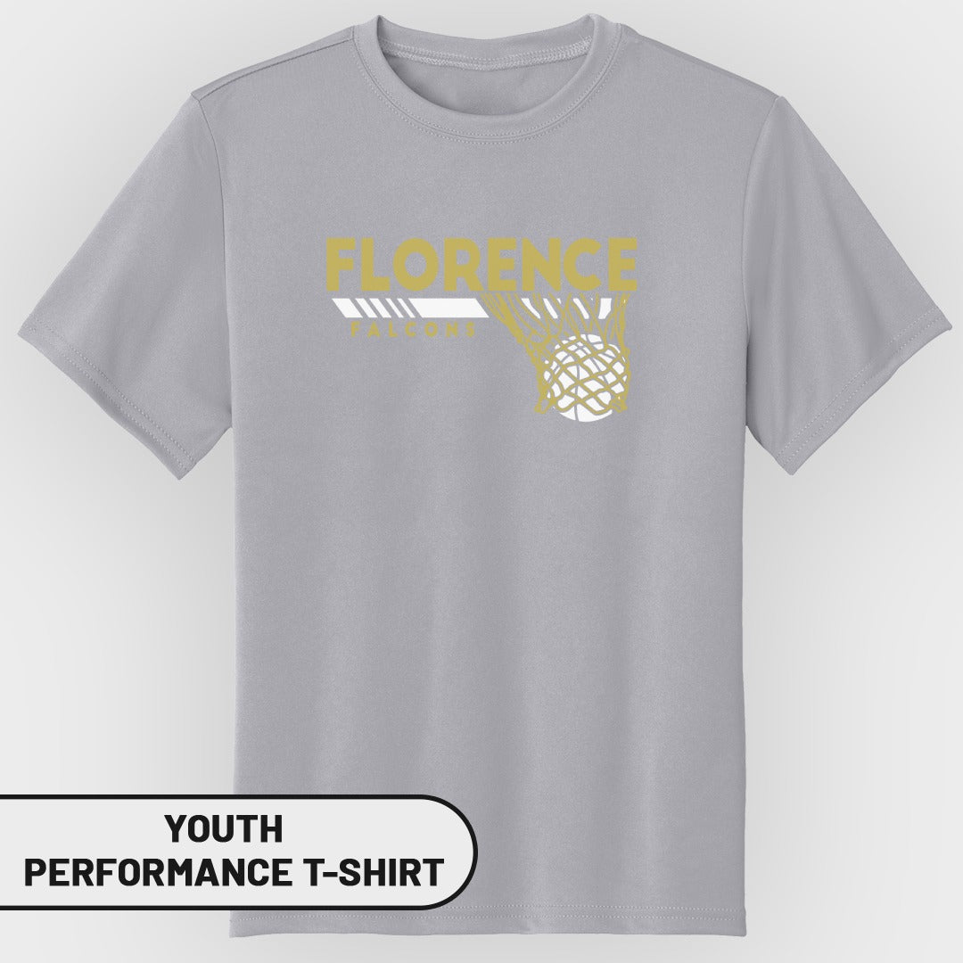 Gray youth performance t-shirt with "Florence Falcons" text and basketball net graphic.