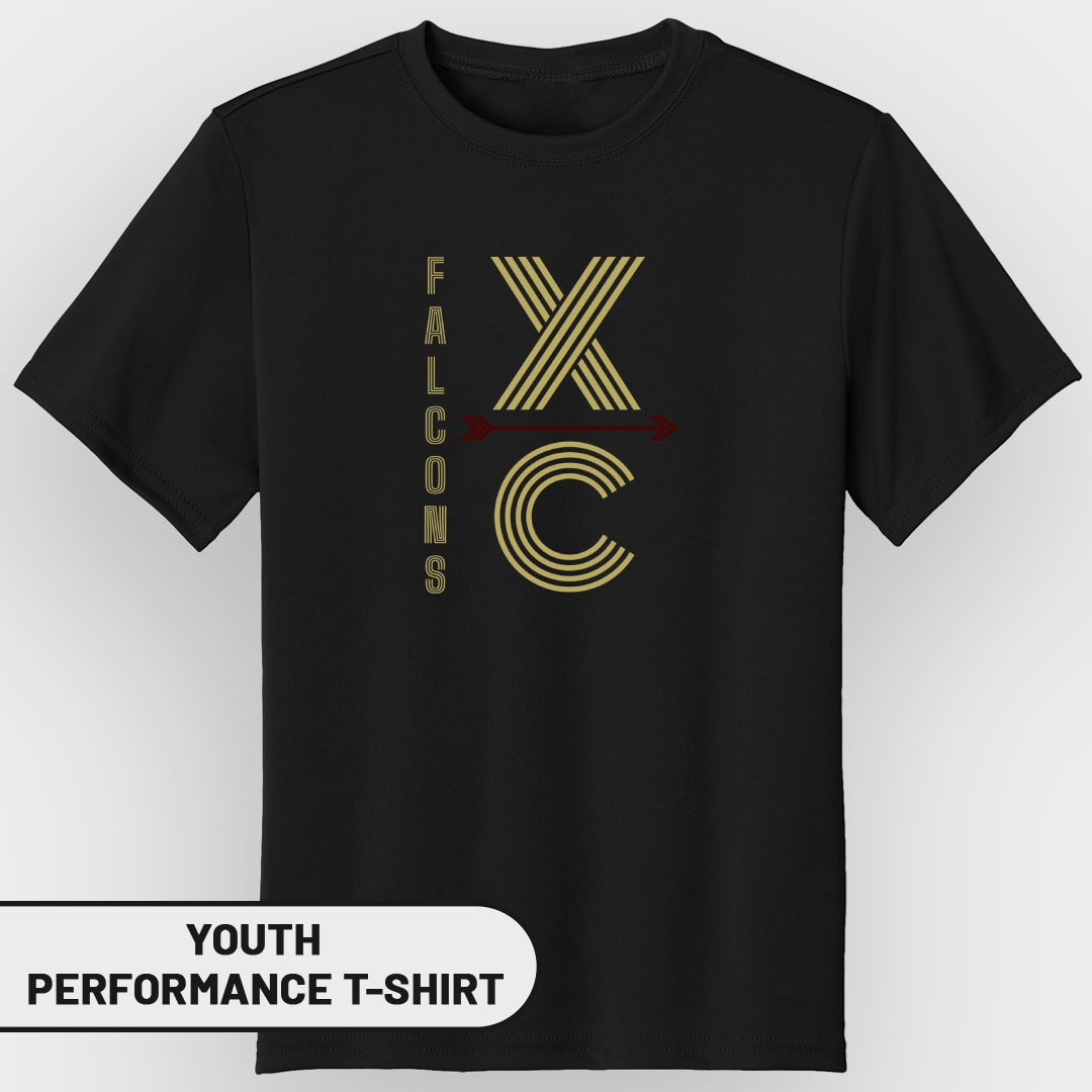 Black youth performance t-shirt with "Falcons XC" graphic and arrow.