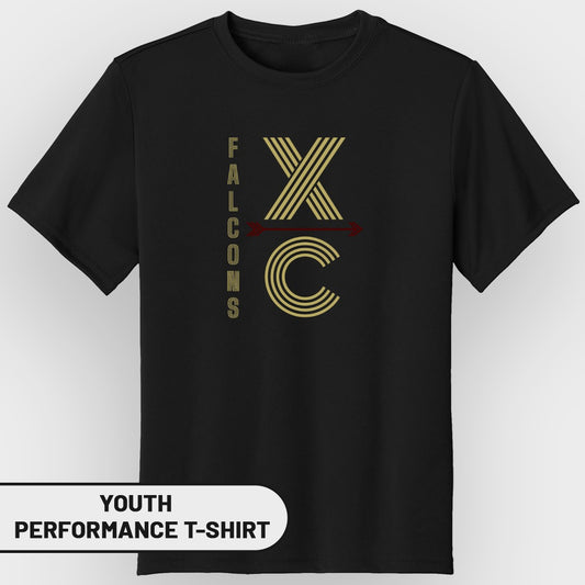Black youth performance t-shirt with "Falcons XC" graphic and arrow.