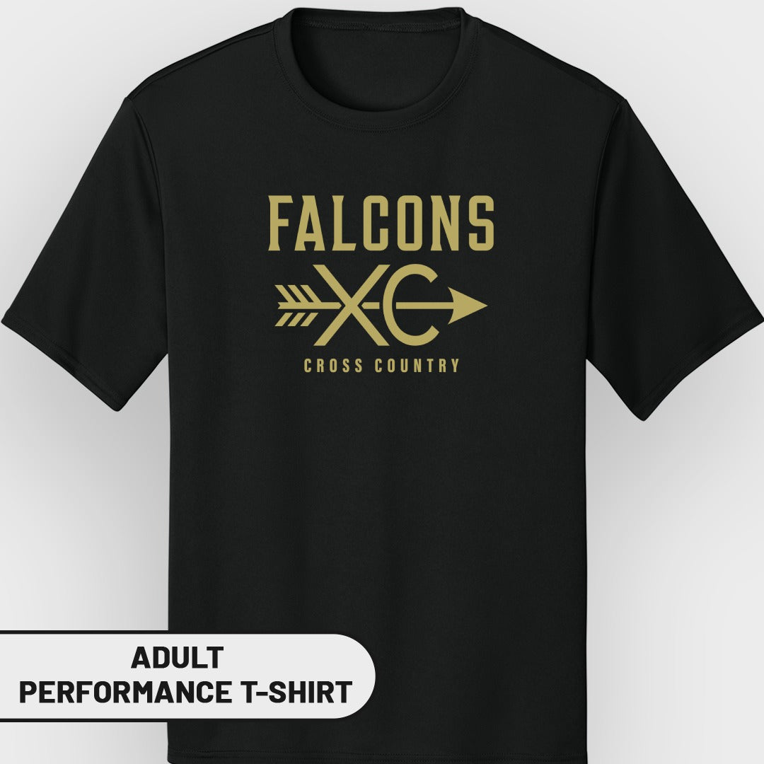 Black adult performance t-shirt with "FALCONS XC CROSS COUNTRY" graphic.