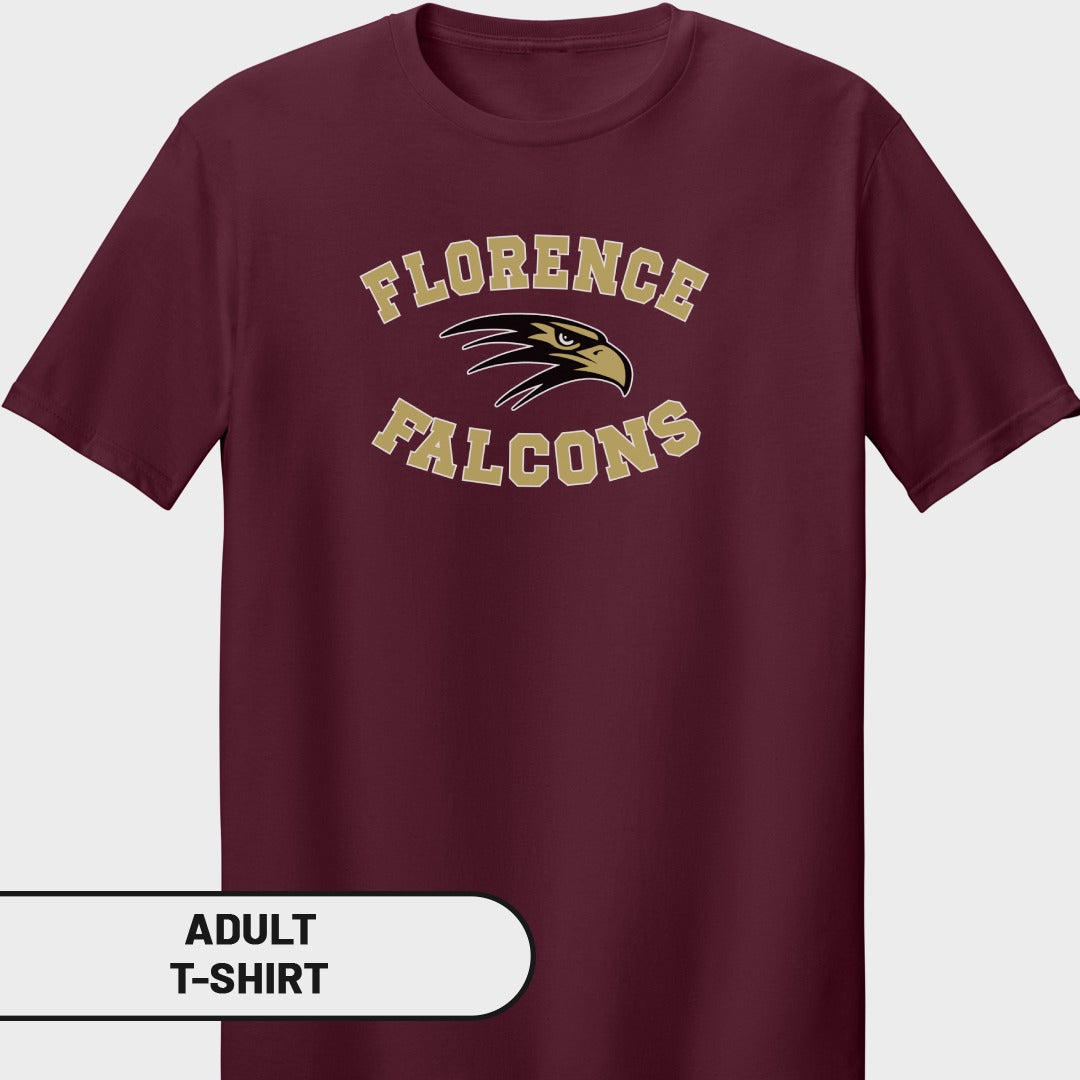 Maroon adult t-shirt with "Florence Falcons" and eagle graphic.