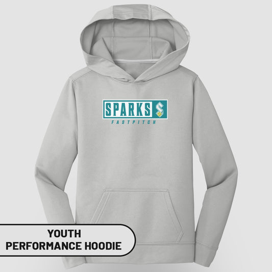 Gray youth performance hoodie with Sparks Fastpitch logo.