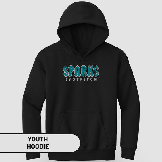 Black youth hoodie with "SPARKS FASTPITCH" logo in teal.