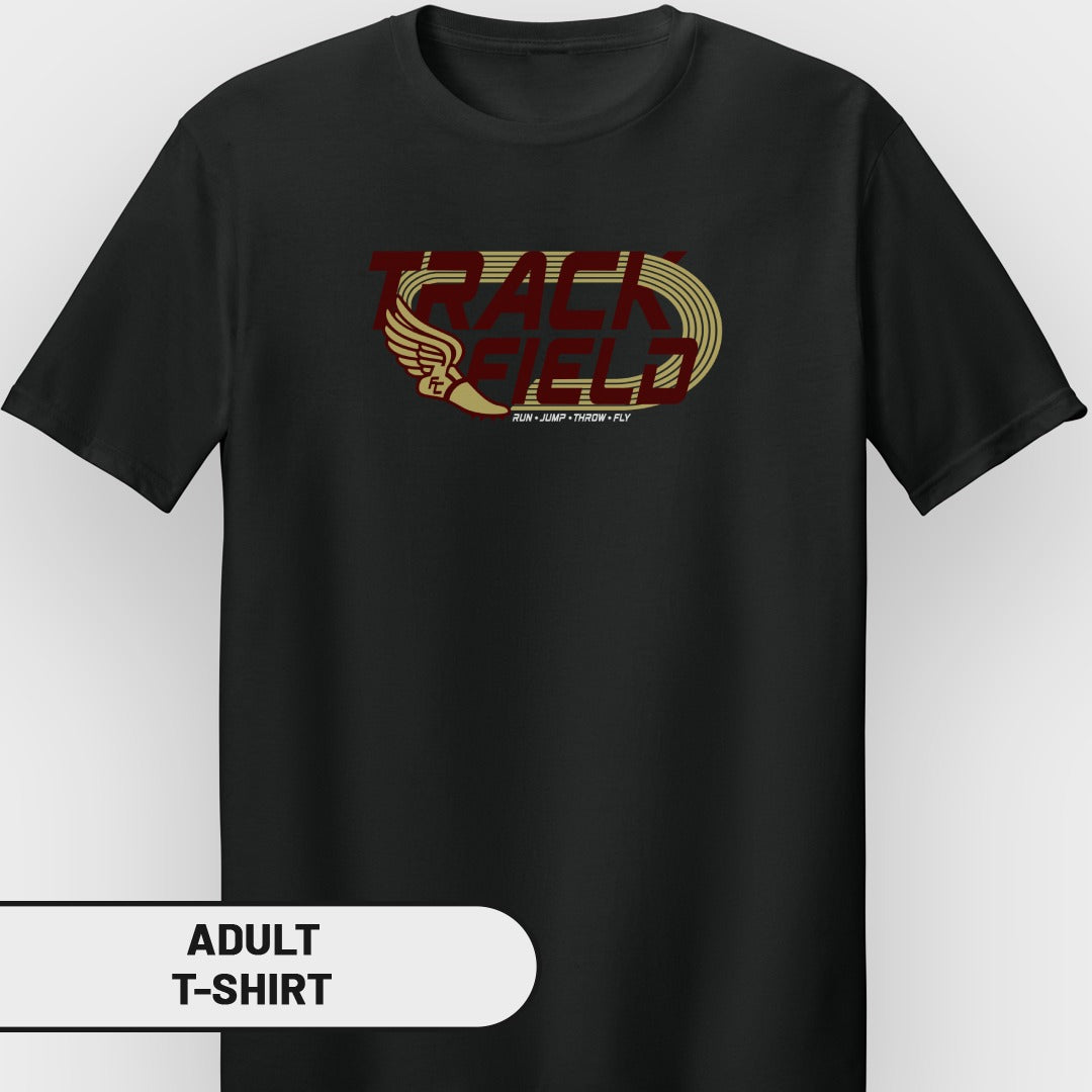 Black adult t-shirt with "TRACK FIELD" graphic and "RUN JUMP THROW FLY".