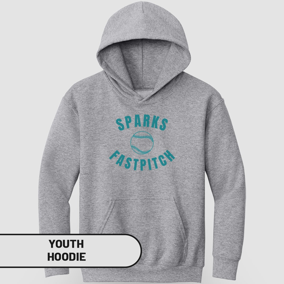 Gray youth hoodie with "Sparks Fastpitch" and a baseball graphic.