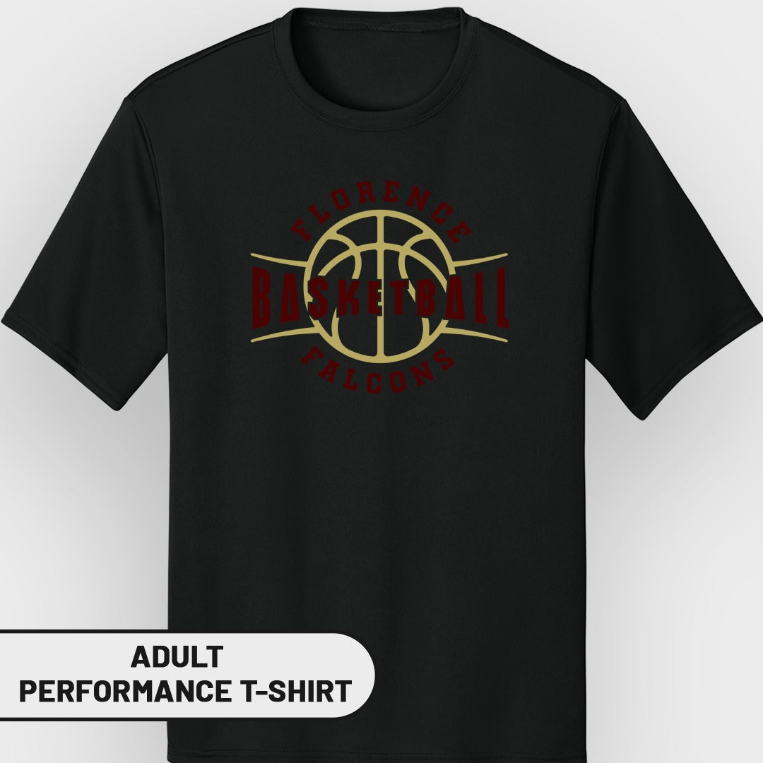 Black adult performance t-shirt with Florence Falcons basketball logo.