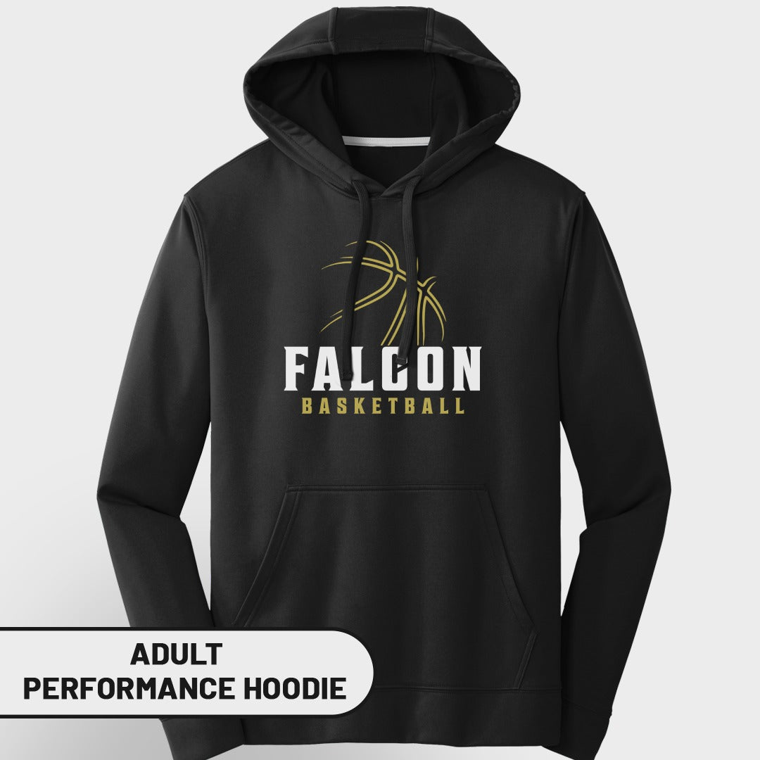 Black adult performance hoodie with Falcon Basketball logo.
