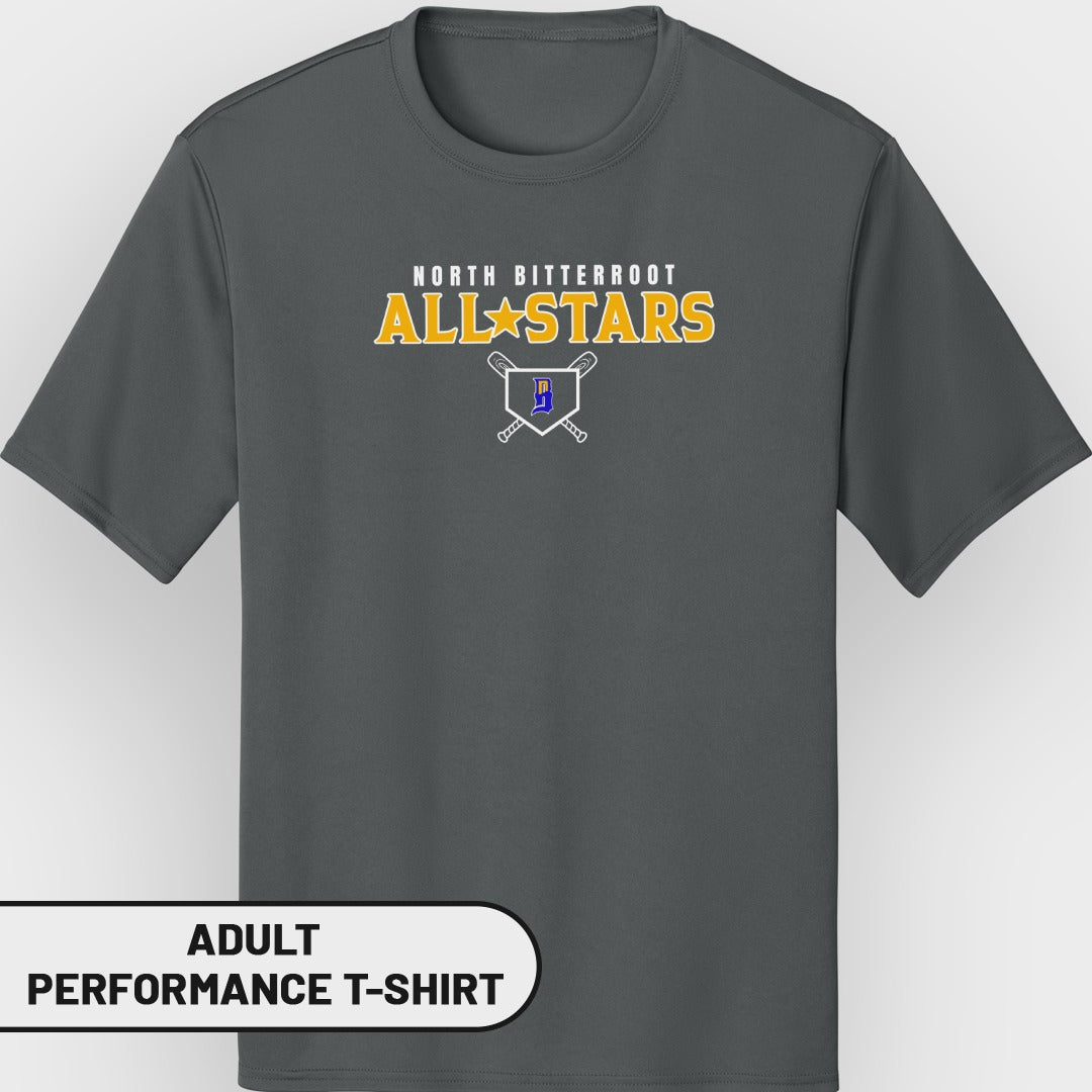 Adult performance t-shirt with North Bitterroot All-Stars logo.