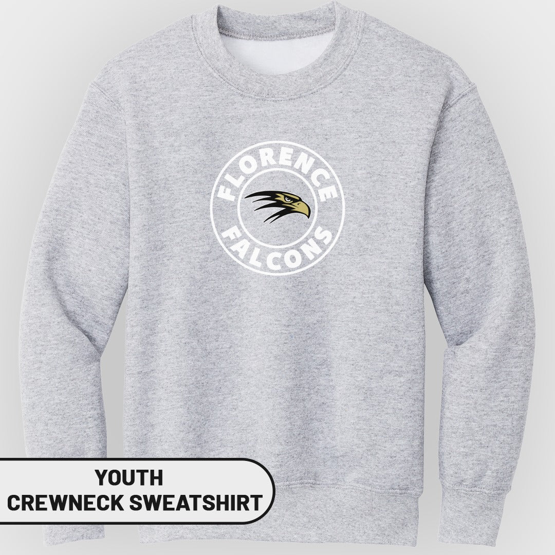 Youth grey crewneck sweatshirt with "Florence Falcons" circular logo on chest.
