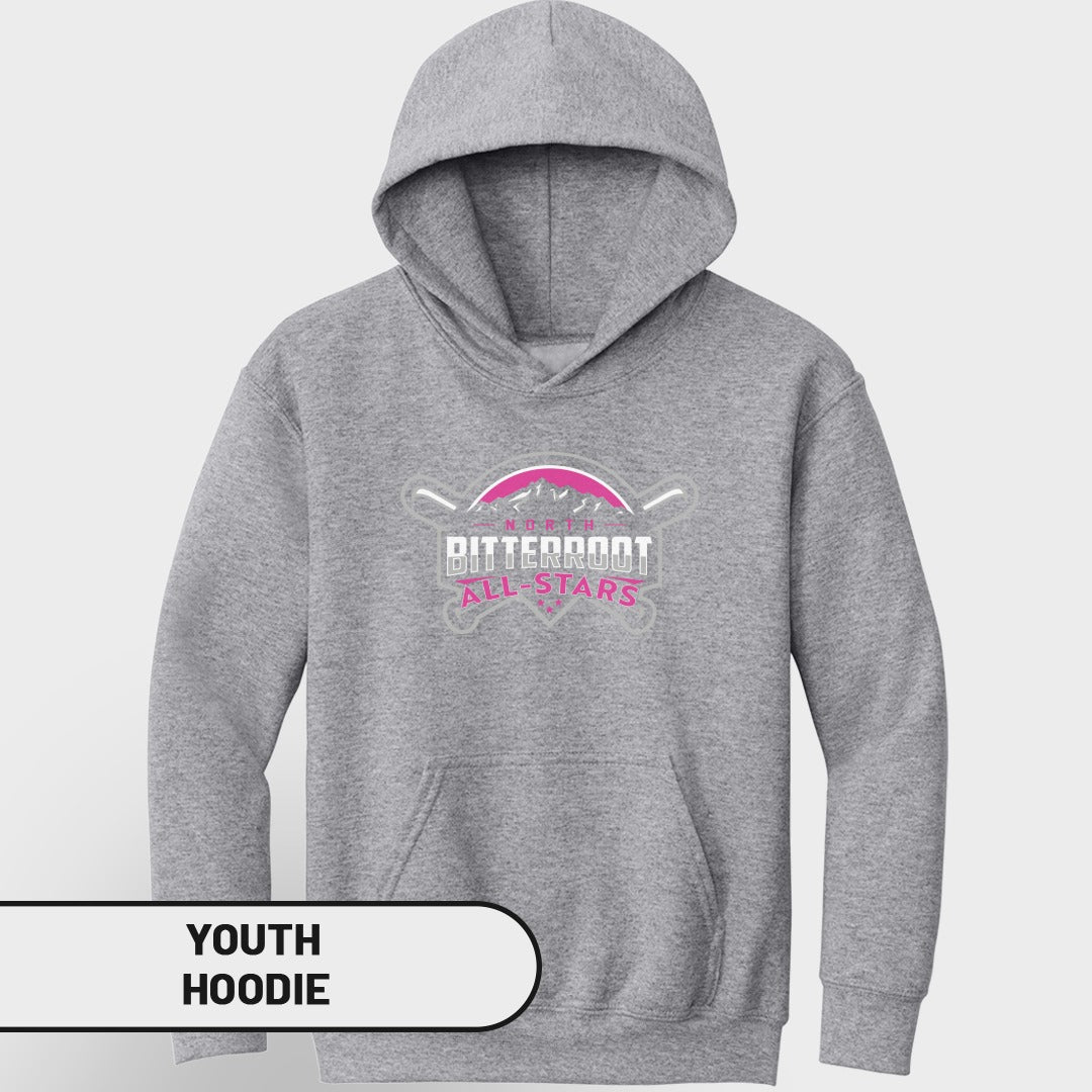 Grey youth hoodie with "Bitterroot All-Stars" logo in pink and white.