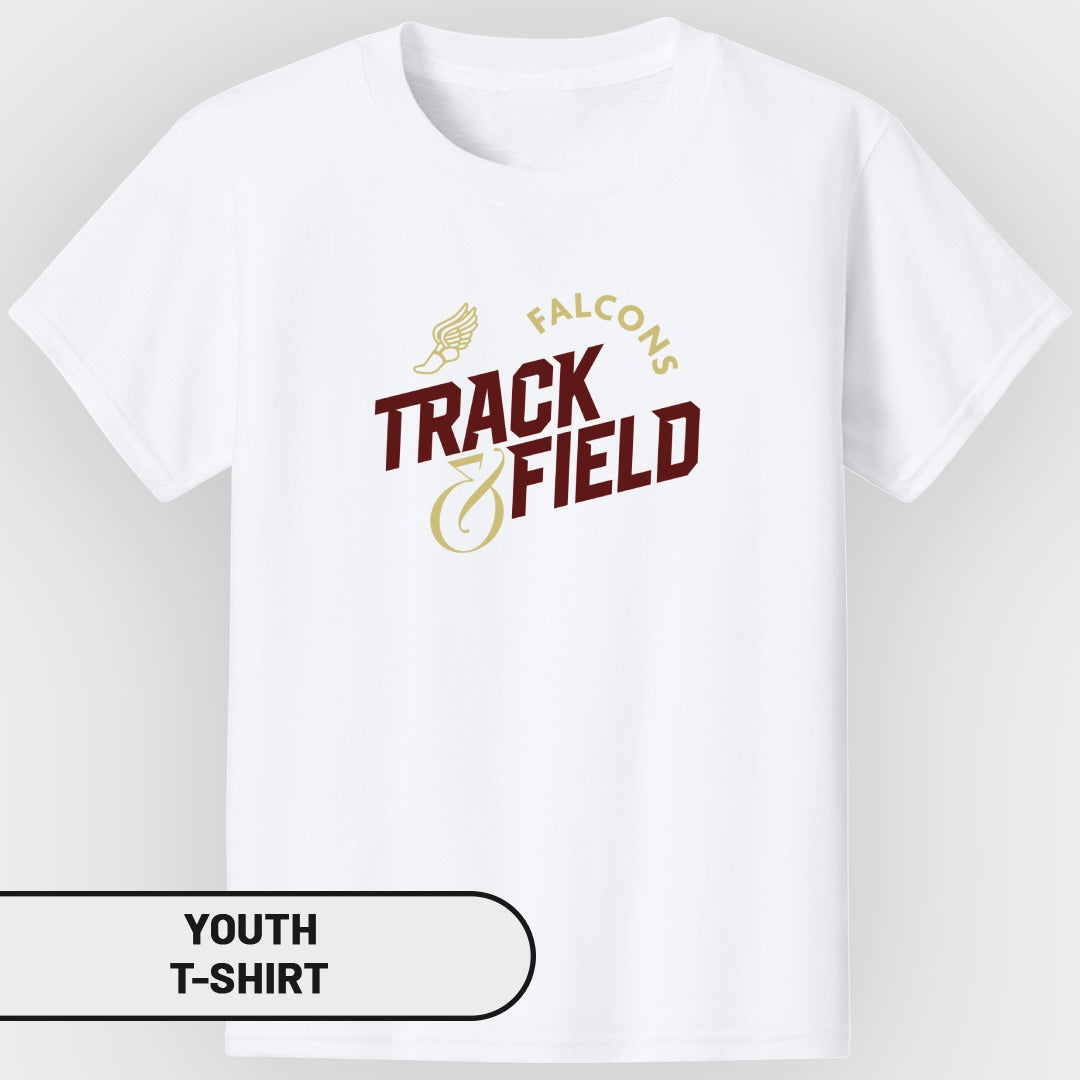 White youth t-shirt with "Falcons Track & Field" graphic.