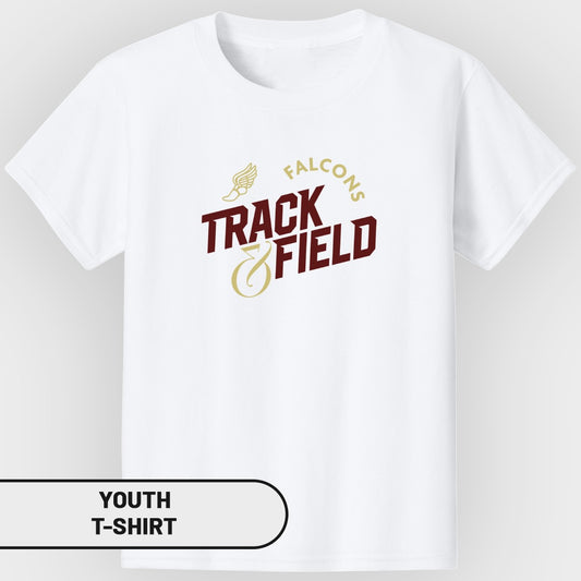 White youth t-shirt with "Falcons Track & Field" graphic.