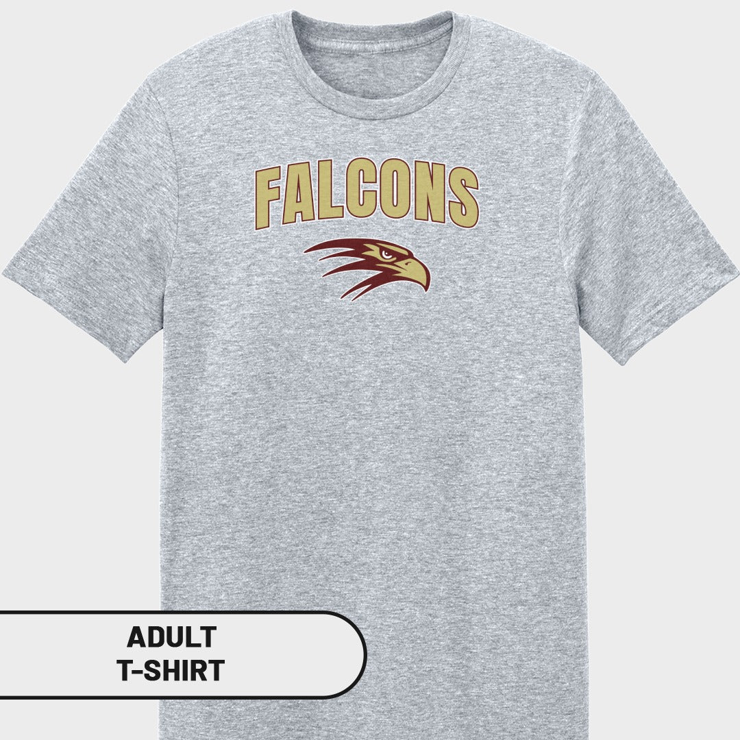 Grey adult t-shirt with gold "FALCONS" text and burgundy eagle head logo.