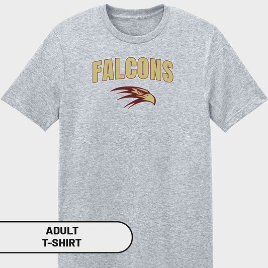 Grey adult t-shirt with gold "FALCONS" text and burgundy eagle head logo.