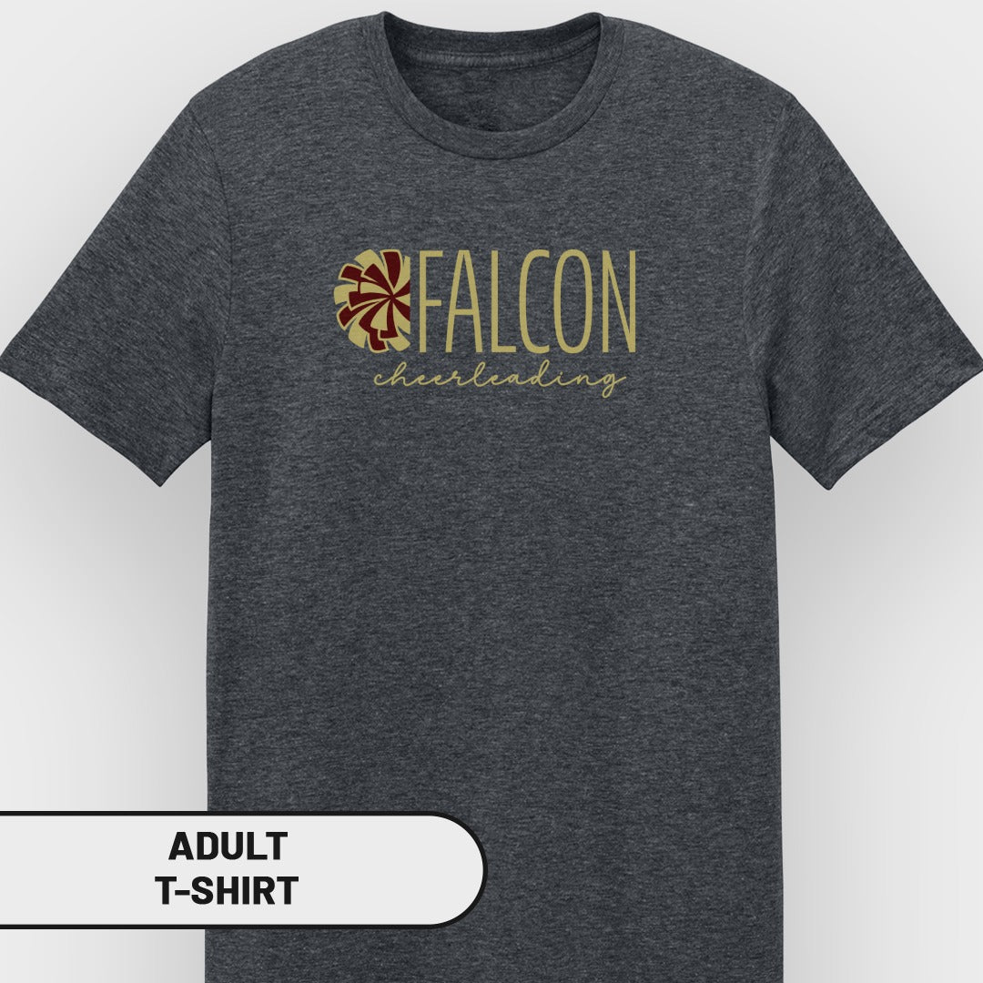 Adult t-shirt with gold "FALCON cheerleading" text and a maroon and gold graphic.