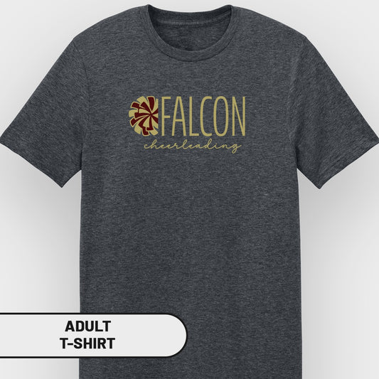 Adult t-shirt with gold "FALCON cheerleading" text and a maroon and gold graphic.