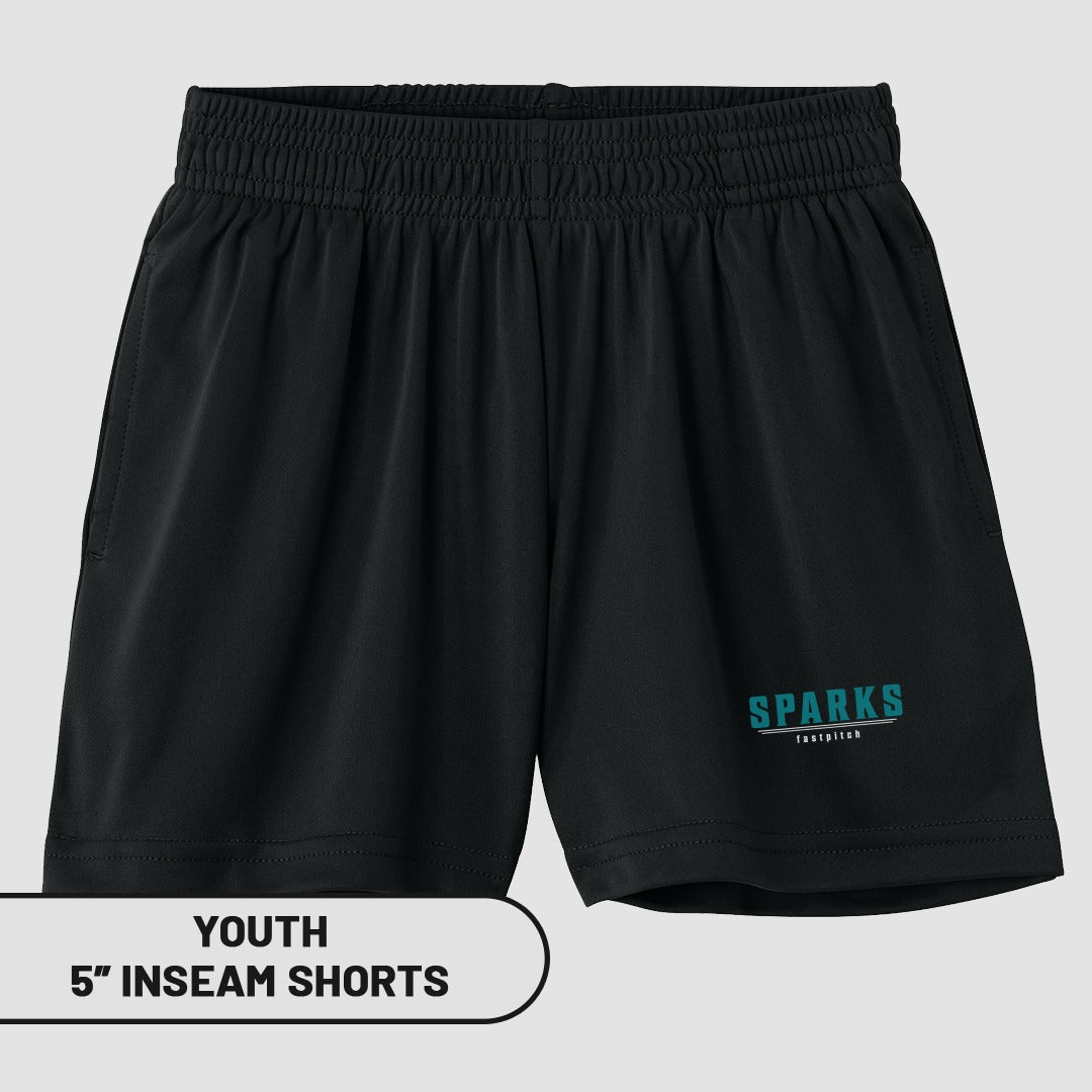 Black youth 5" inseam shorts with SPARKS logo.