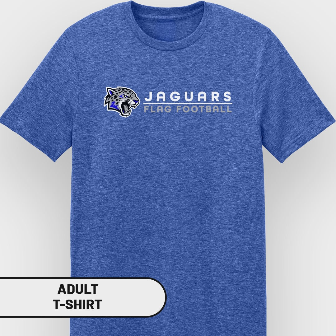 Royal blue adult t-shirt with "JAGUARS FLAG FOOTBALL" and jaguar logo.