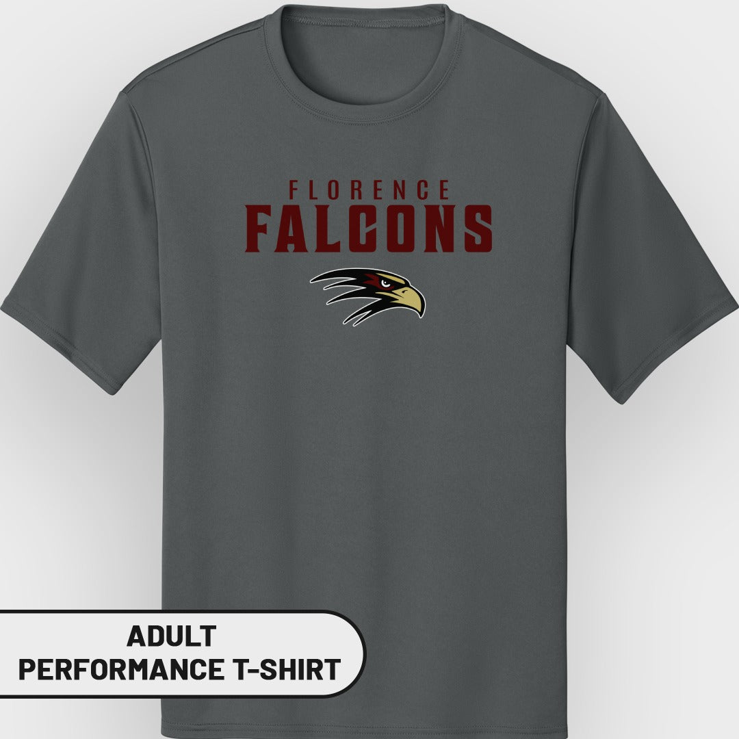 Grey adult performance t-shirt with Florence Falcons logo and text.