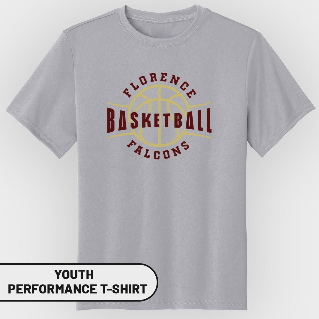 Youth performance t-shirt with Florence Falcons basketball logo.
