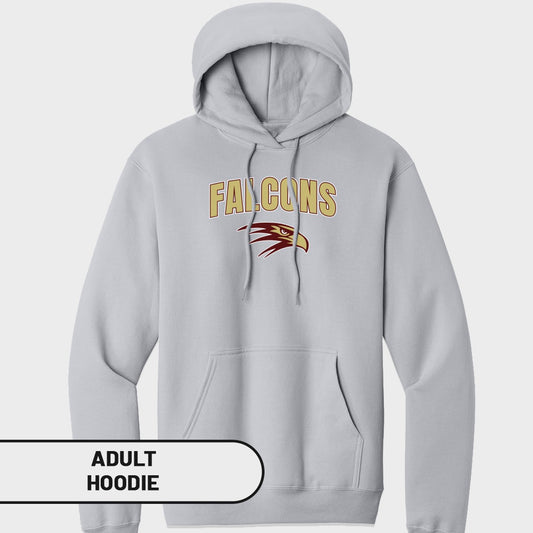 Light grey adult hoodie with "Falcons" text and a hawk logo.