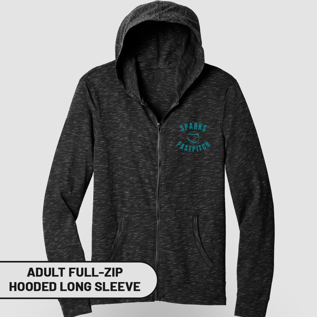 Adult full-zip hooded long sleeve shirt with "Sparks Fastpitch" logo.