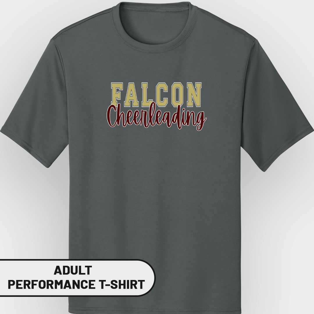 Adult performance t-shirt with "FALCON Cheerleading" text.