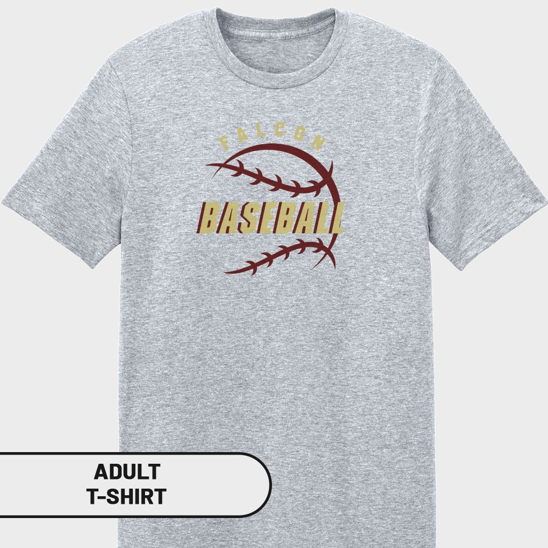 Grey adult t-shirt with "FALCON BASEBALL" text and baseball graphic.