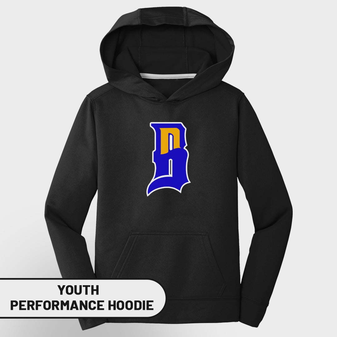 Black youth performance hoodie with a blue and yellow "B" logo.