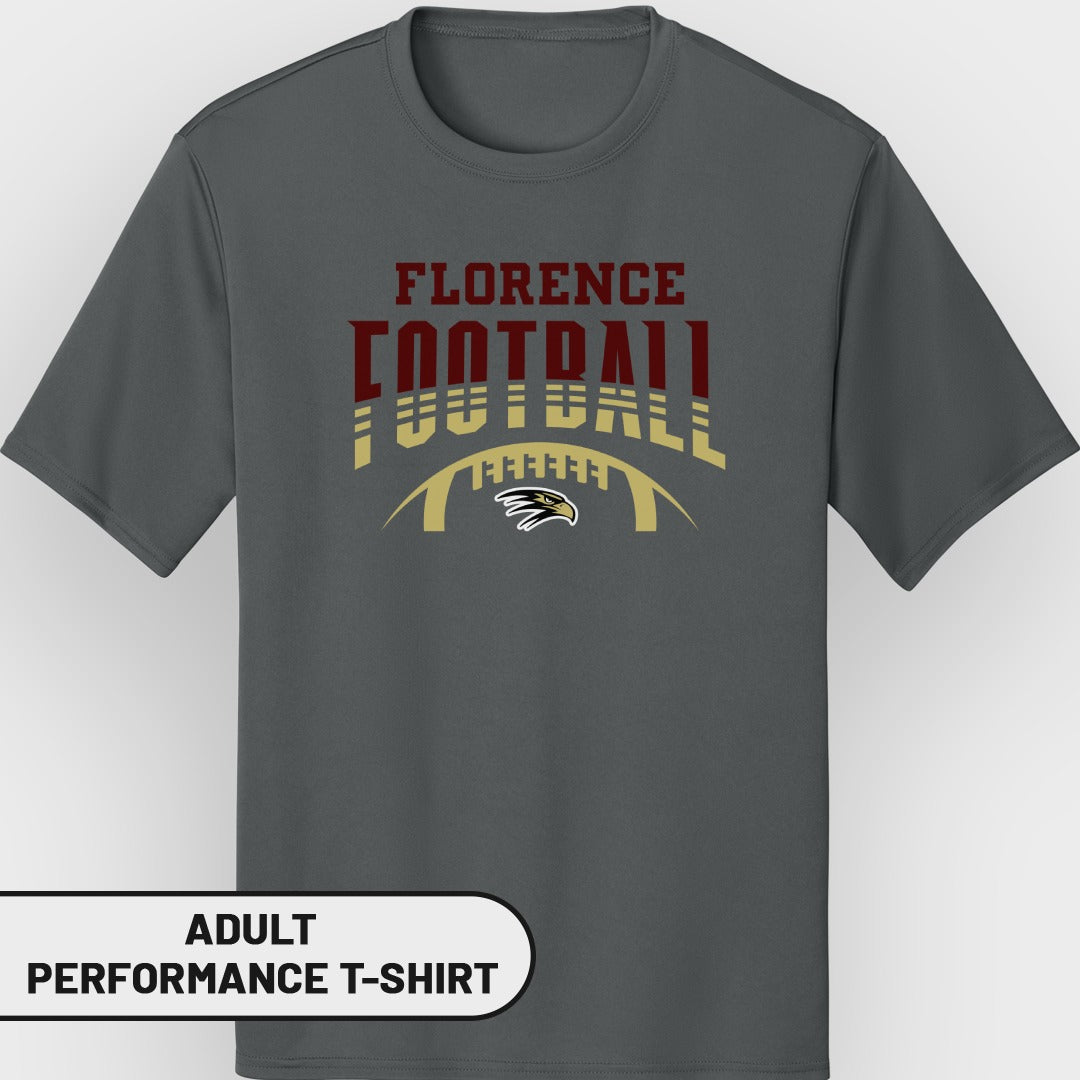 Gray adult performance t-shirt with Florence Football and eagle graphic.