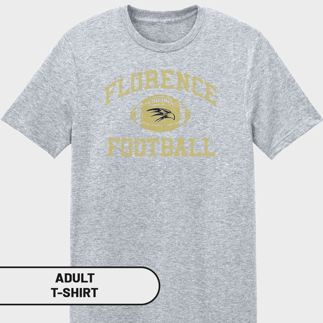 Grey t-shirt with gold "Florence Football" text and eagle graphic.