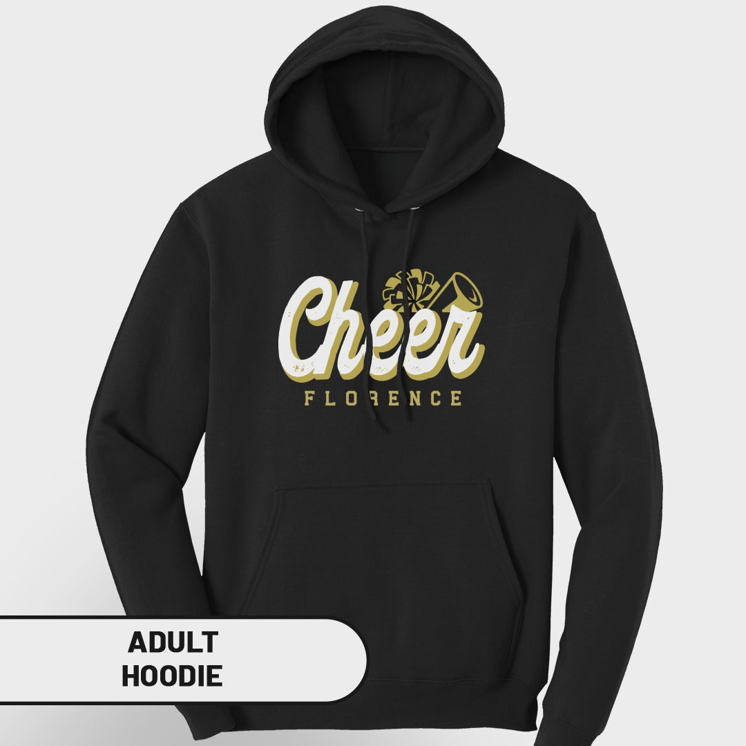 Black adult hoodie with white and gold "Cheer Florence" graphic.