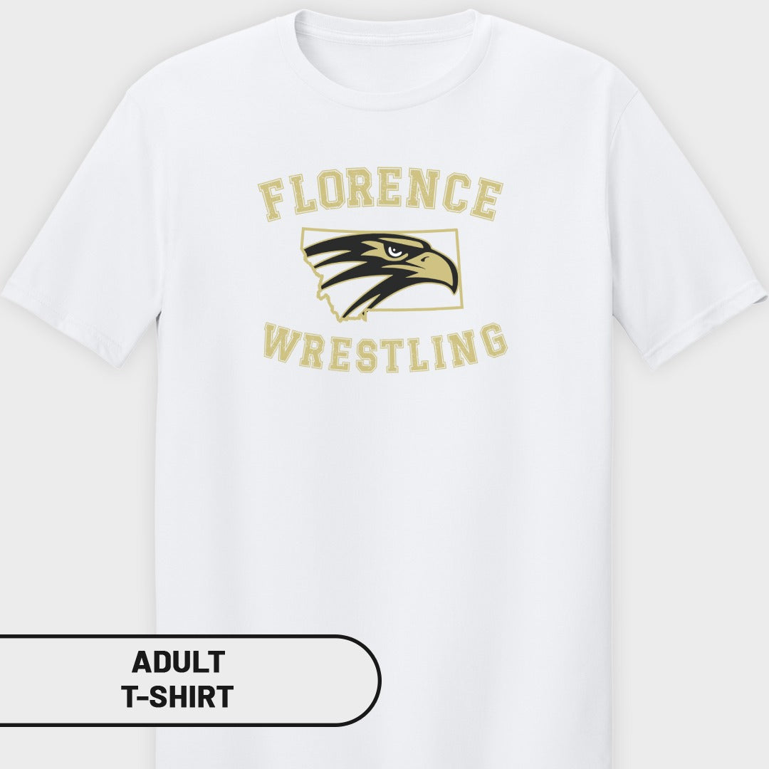 White t-shirt with "Florence Wrestling" text and an eagle head logo.