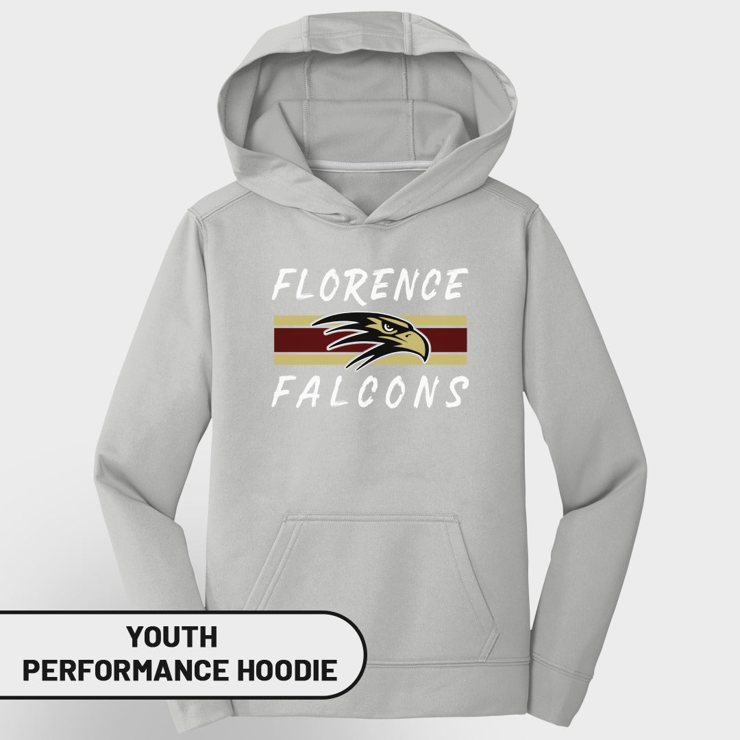 Light gray youth performance hoodie with Florence Falcons logo.