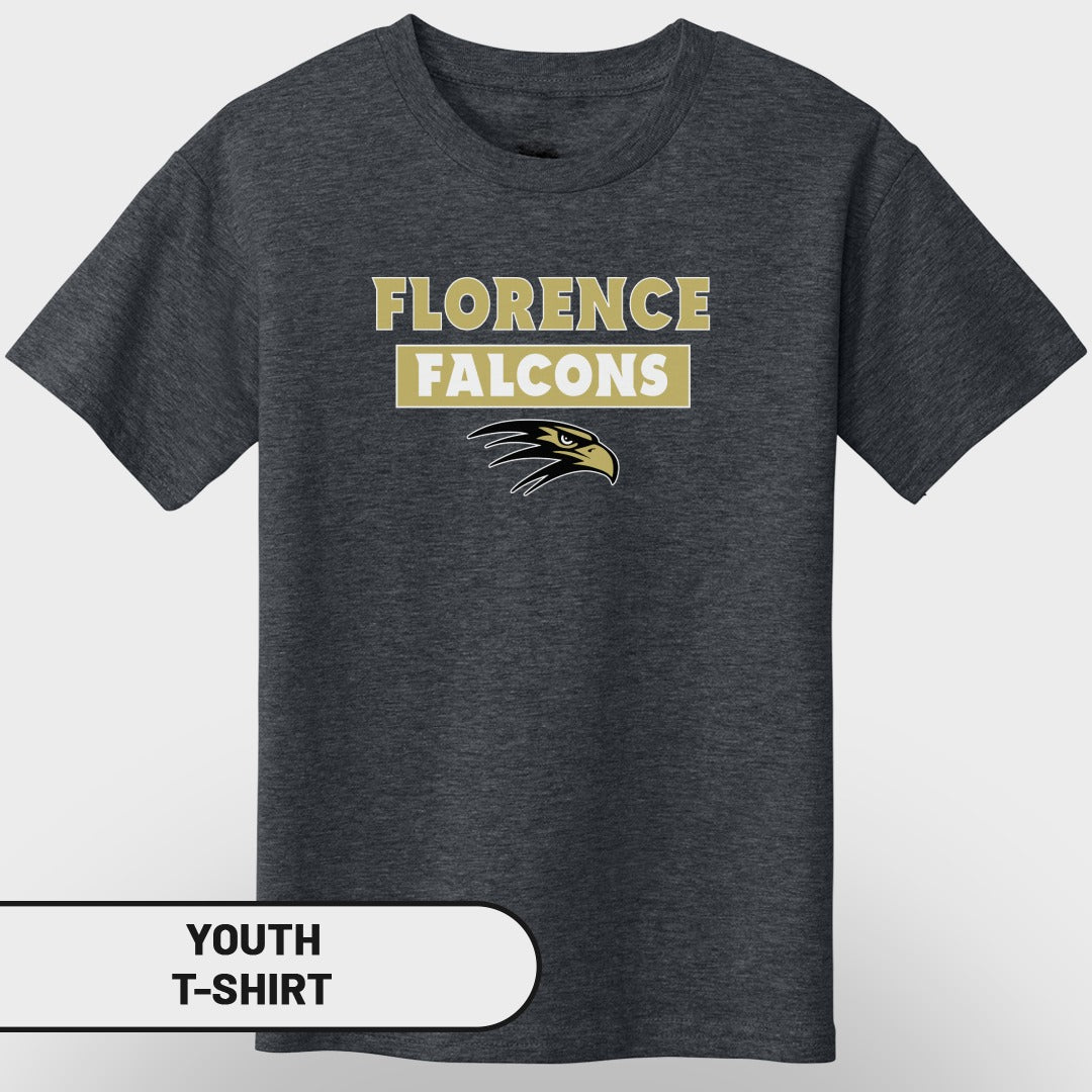 Dark grey youth t-shirt with "Florence Falcons" text and eagle logo.