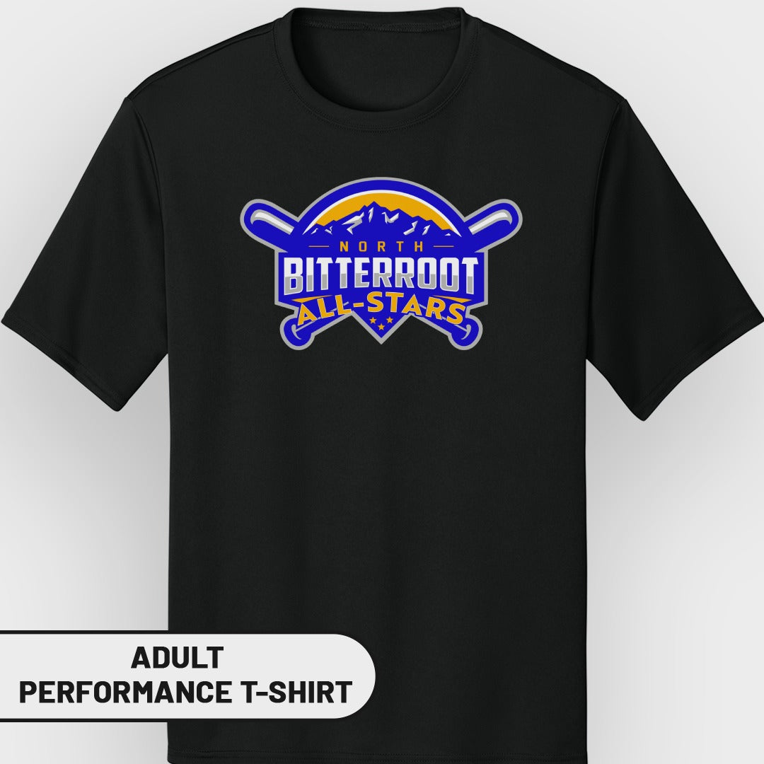 Black adult performance t-shirt with "North Bitterroot All-Stars" logo.