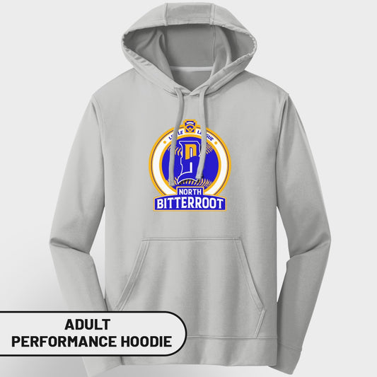 Gray adult performance hoodie with North Bitterroot Little League logo.