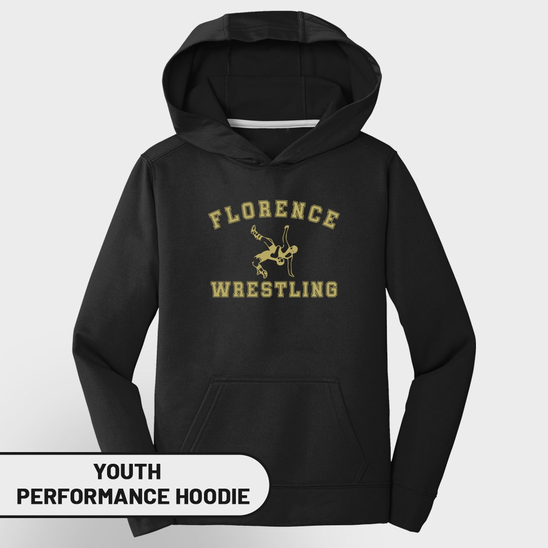 Youth black performance hoodie with "Florence Wrestling" and wrestling graphic.