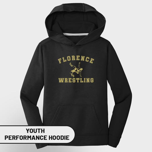 Youth black performance hoodie with "Florence Wrestling" and wrestling graphic.