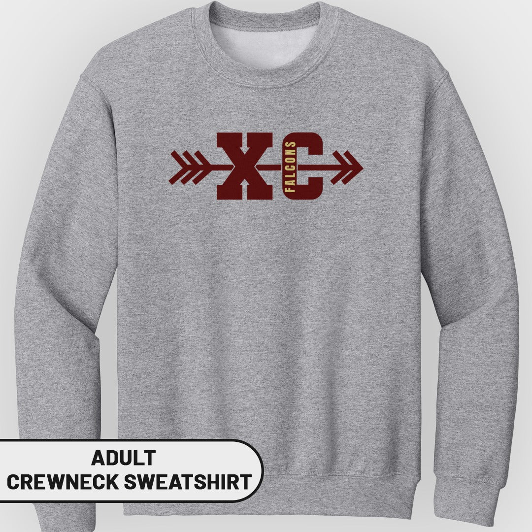 Grey adult crewneck sweatshirt with maroon "XC Falcons" graphic.