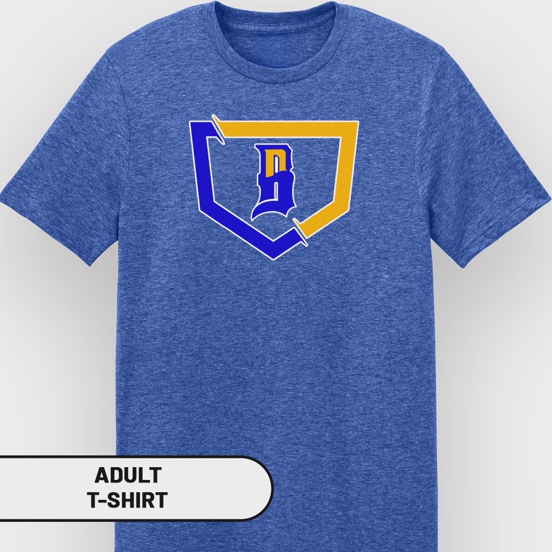Royal blue t-shirt with a yellow and blue shield logo featuring a white "B".
