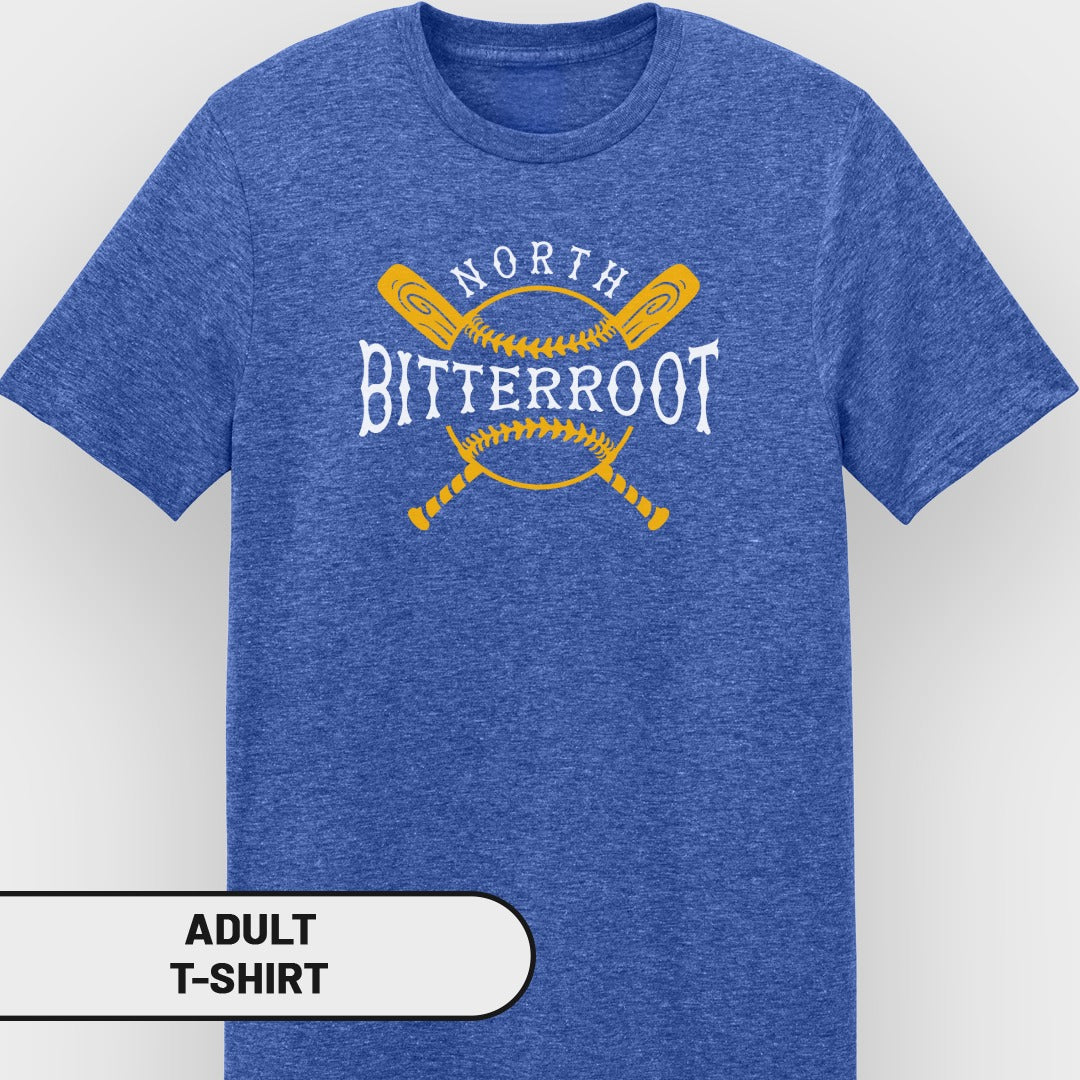Blue t-shirt with "North Bitterroot" and crossed baseball bats graphic.