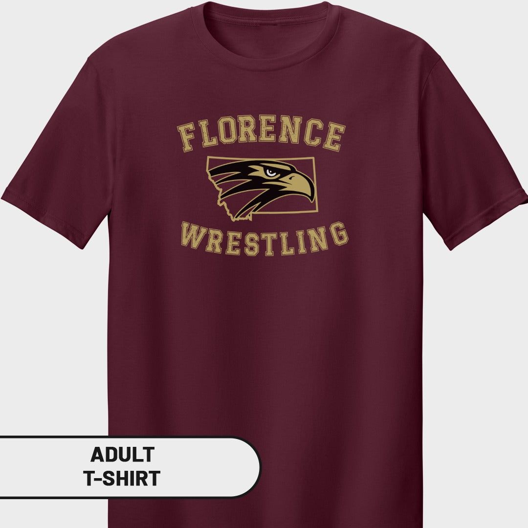 Maroon adult t-shirt with "Florence Wrestling" text and eagle graphic.